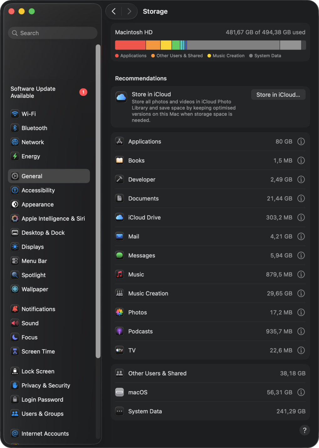 macOS Storage showing 241 GB System Data